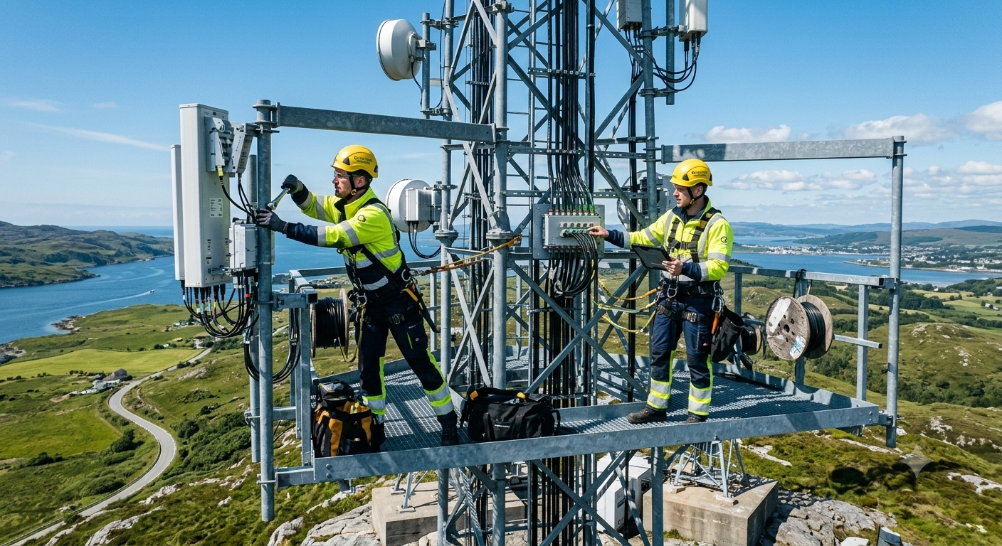 Engineers working on telecom mast